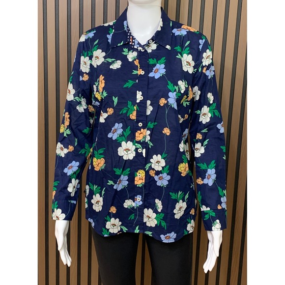 Talbots Tops - Talbots Petite Navy Blue Floral 100% Cotton Button Down Shirt Blouse